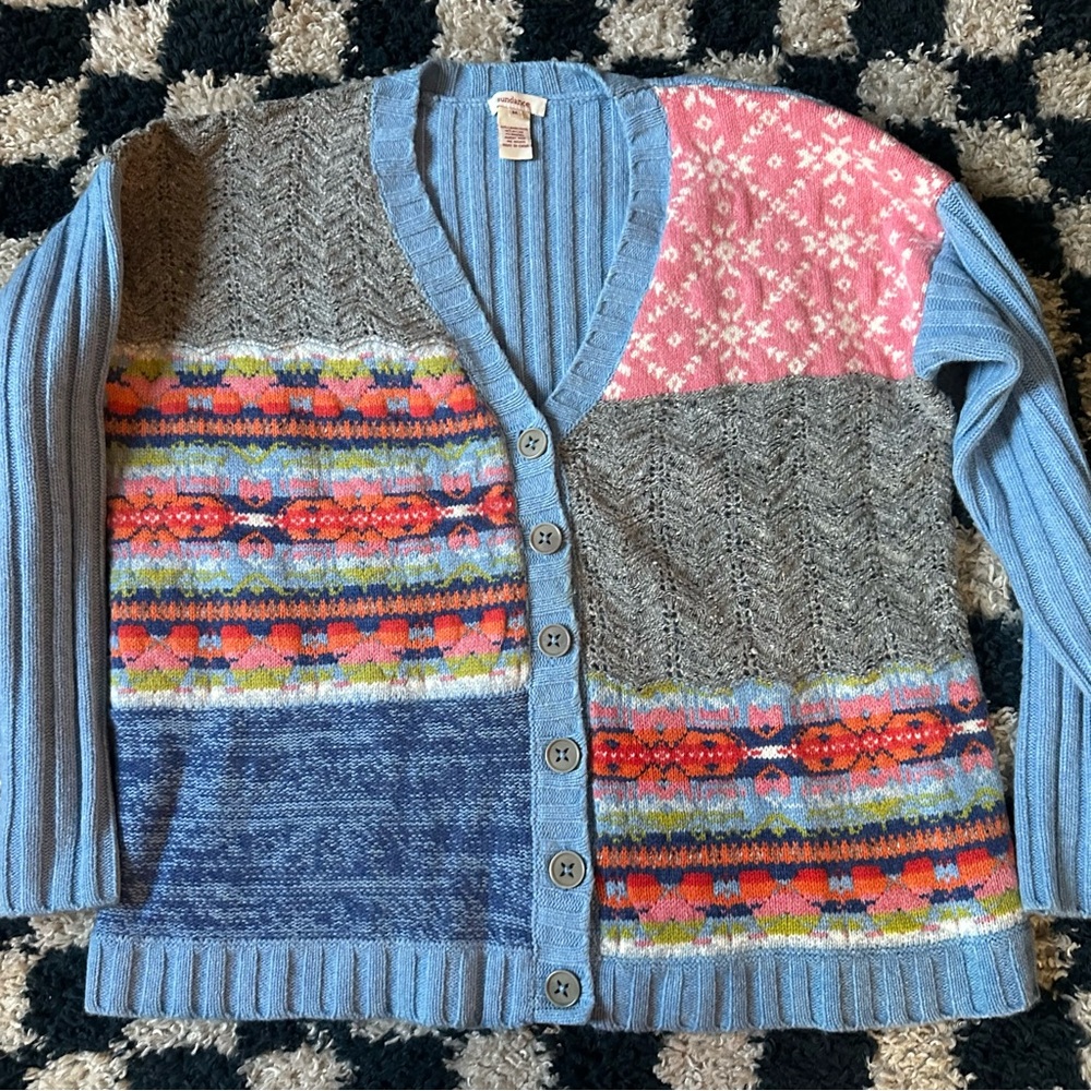 Sundance Patchwork Lambswool Cardigan Sweater - image 1